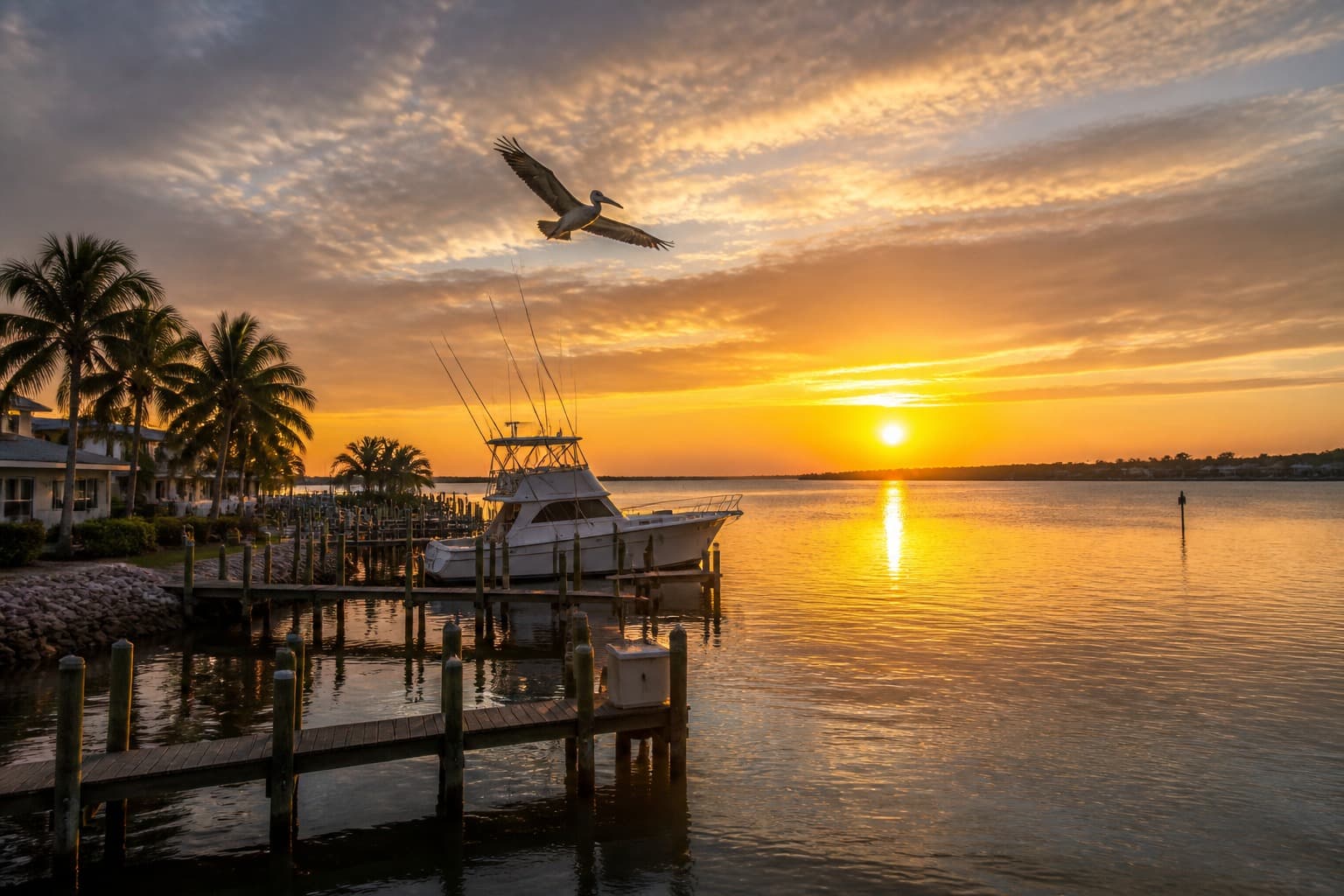 Golden-hour sunset over King’s Bay in Crystal River, with a wooden dock in the foreground.