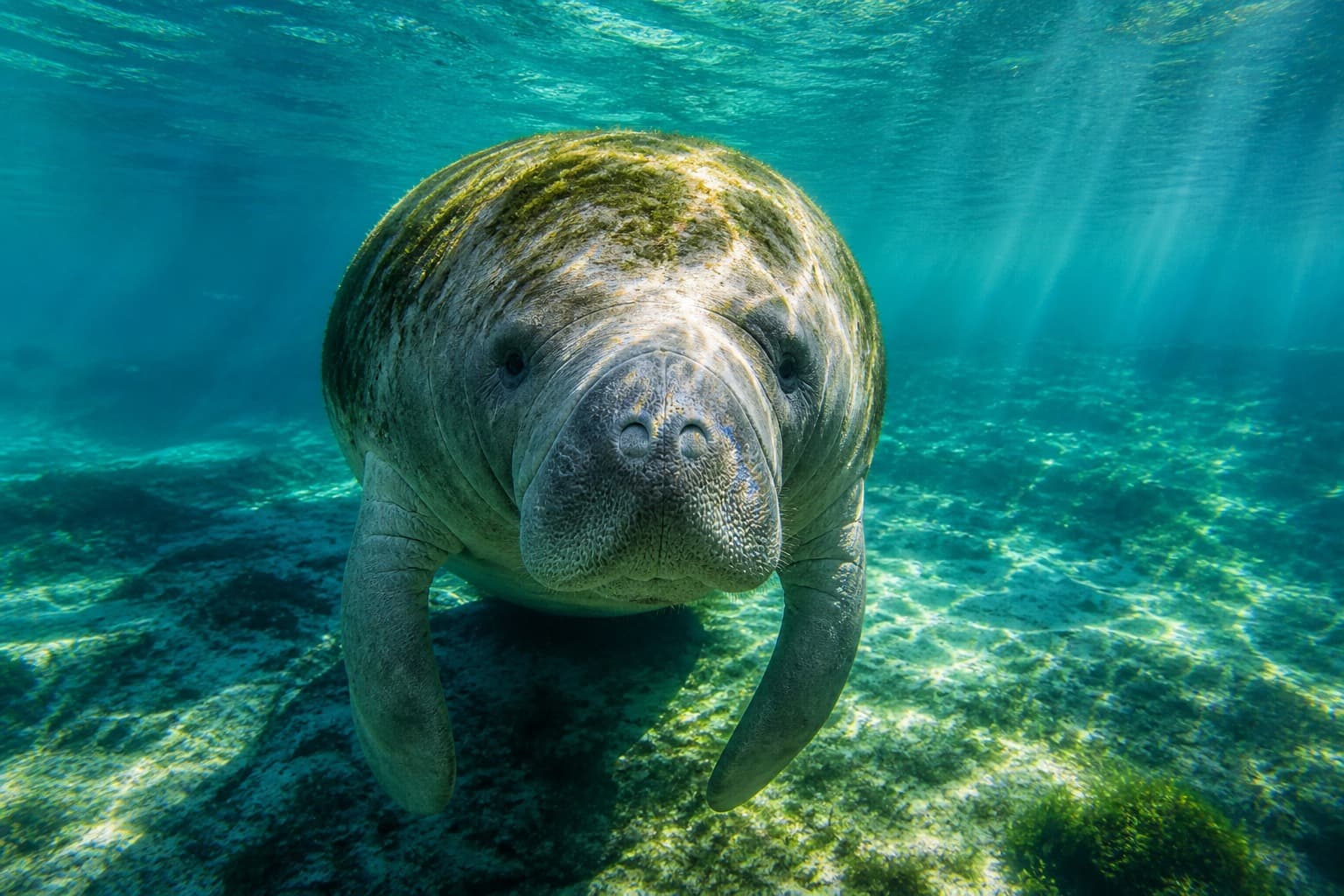 A Florida manatee swimming toward the camera in a clear Citrus County spring, with algae on its back.