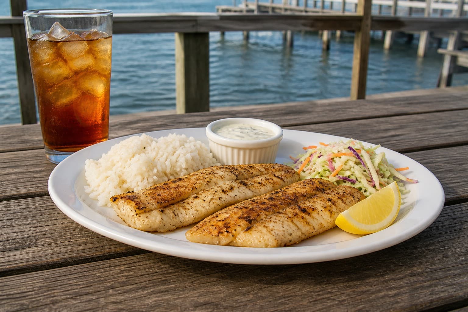 Whole grilled Gulf fish served on a silver platter at an outdoor table.